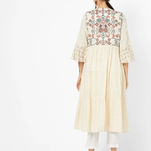 Linen Dress/ Women Off-White & Rust Solid A-Line Linen Dress with Printed Layer