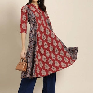 Women New!! Summer Festive Dress/ Tunic/Textured/ 100% Cotton/Double gauze Cotton/India/ Long Top/Ethnic Print Panelled A-Line Kurta