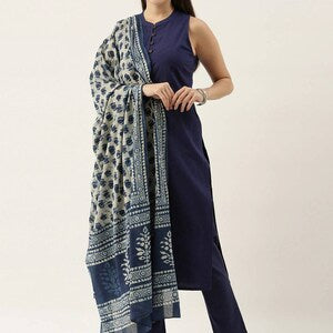 Women Navy Blue Indigo/ Dabu/  Hand Block Print Pure Cotton Kurta Set