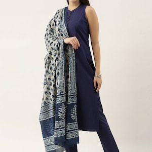 Women Navy Blue Indigo/ Dabu/  Hand Block Print Pure Cotton Kurta Set