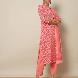 Printed Cotton Straight Kurta with Pants & Dupatta/ Batik print/Organic Cotton/ India/