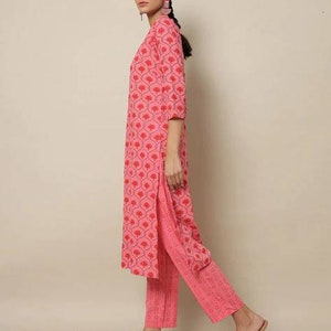 Printed Cotton Straight Kurta with Pants & Dupatta/ Batik print/Organic Cotton/ India/