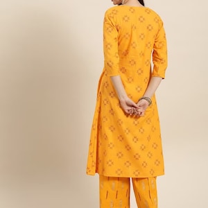 Women Mustard Yellow & Red Pure Cotton Ikat kurta with Palazzos/Tunic/Long Dress/Tassel/Bohemian/Traditional/India/Summer/