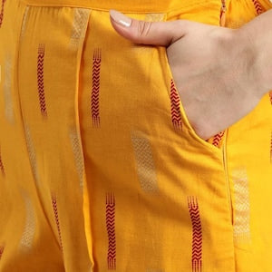 Women Mustard Yellow & Red Pure Cotton Ikat kurta with Palazzos/Tunic/Long Dress/Tassel/Bohemian/Traditional/India/Summer/