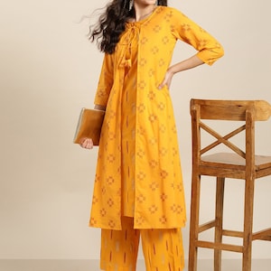 Women Mustard Yellow & Red Pure Cotton Ikat kurta with Palazzos/Tunic/Long Dress/Tassel/Bohemian/Traditional/India/Summer/