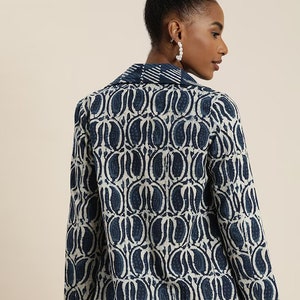 Women Indigo Dyed and Hand Block Print Open Front Patchwork Sustainable Jacket with Flared Hem/ India/ Ethnic/ Fusion Wear/