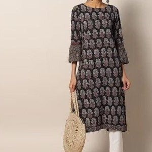 Handblock Ajrak Print Cotton Straight Kurta/Women  Ethnic Kurta India/ Cotton/ Indigo/