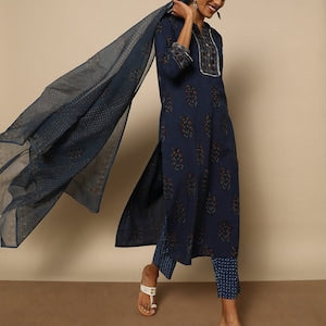 Indigo Cotton Kurta With Palazzo /Tunic/Long Dress/Batik Print/Bollywood/Handmade/Tassel/Bohemian/Traditional/India/Summer/Textiles/