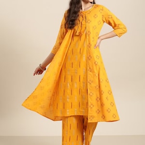 Women Mustard Yellow & Red Pure Cotton Ikat kurta with Palazzos/Tunic/Long Dress/Tassel/Bohemian/Traditional/India/Summer/