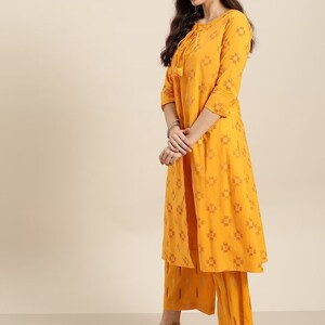 Women Mustard Yellow & Red Pure Cotton Ikat kurta with Palazzos/Tunic/Long Dress/Tassel/Bohemian/Traditional/India/Summer/