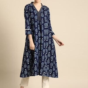 Cotton Ethnic Long Dress/ Shirt Dress/ Kurti/ Hand Block/ Batik Print/ Floral Print/