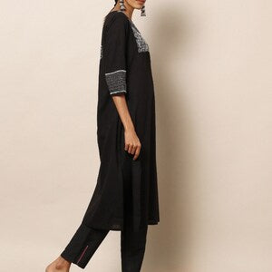 Black Embroidered Kanth work Cotton Kurta/ Indian Kurta/ Long Linen Dress/