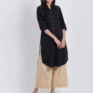 Black Embroidered Kanth work Cotton Kurta/ Indian Kurta/ Long Linen Dress/