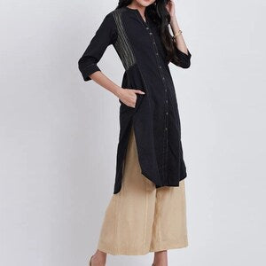 Black Embroidered Kanth work Cotton Kurta/ Indian Kurta/ Long Linen Dress/