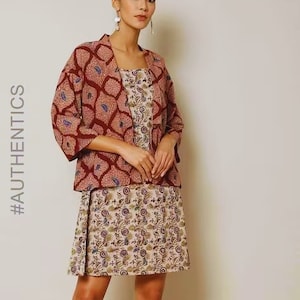 V-neck Linen Dress with Jacket/Tie-Back Detail/with pockets - split neck/3/4 sleeve/ shift dress/ Summer Cotton Dress