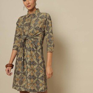 Linen Wrap Dress with belt /Tie-Back Detail/with pockets - split neck/3/4 sleeve/ shift dress/ Summer Cotton Dress