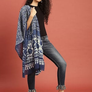 Women Indigo Hand Block Printed Sustainable Pure Cotton Dupatta