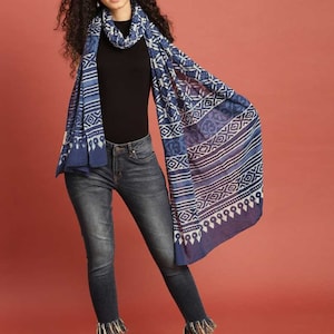 Women Indigo Hand Block Printed Sustainable Pure Cotton Dupatta