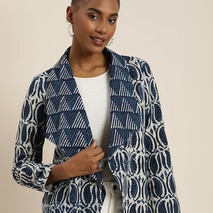 Women Indigo Dyed and Hand Block Print Open Front Patchwork Sustainable Jacket with Flared Hem/ India/ Ethnic/ Fusion Wear/