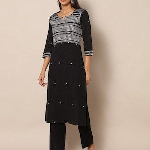 Black Thread work/ A-Line Kurta/Block Print/Batik Print/Ethnic/Ikat/tunic/India/cotton/boho/gypsy/Bollywood/summer wear/