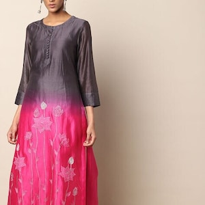 Chanderi silk Kurta/ Long linen Dress/ Ethnic/ Hand-block/ Embroidered/ Thread Work/