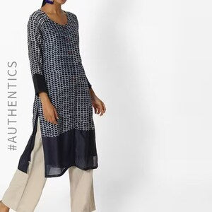 Dabu Print Long Linen Dress/ Kurta/ Cotton Silk/ Organic/ Indigo/