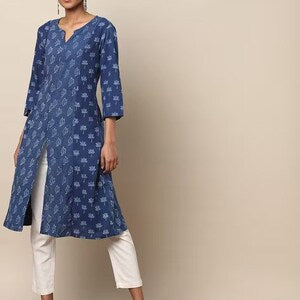 Indigo Hand Block Print Straight Sustainable Kurta with Pockets/ Organic Cotton/ Dabu Print