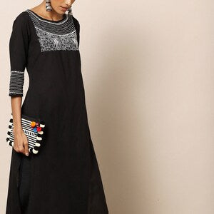 Black Embroidered Kanth work Cotton Kurta/ Indian Kurta/ Long Linen Dress/