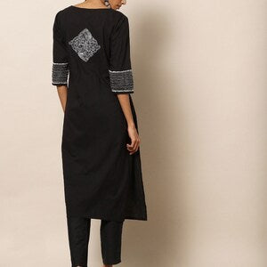 Black Embroidered Kanth work Cotton Kurta/ Indian Kurta/ Long Linen Dress/