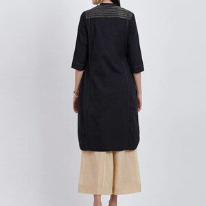 Black Embroidered Kanth work Cotton Kurta/ Indian Kurta/ Long Linen Dress/