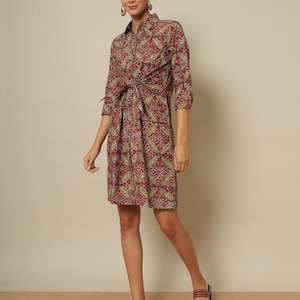 Linen Wrap Dress with belt /Tie-Back Detail/with pockets - split neck/3/4 sleeve/ shift dress/ Summer Cotton Dress