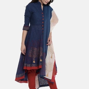 Long Linen Dress/Vintage/Ethnic solid Blue Embroidered/ Anarkali/ Asymmetric Cotton Kurta Set/ Bollywood /Summer Dupatta/Long Shirt/