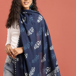 Women Indigo Hand Block Printed Sustainable Pure Cotton Dupatta