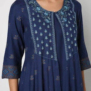 Handmade/Ethnic Cotton Long Kurta With Ethnic Jacket / Tunic/ Embroidered / Thread Work/ Batik Floral Print/ Summer Wear/ India/Boho/