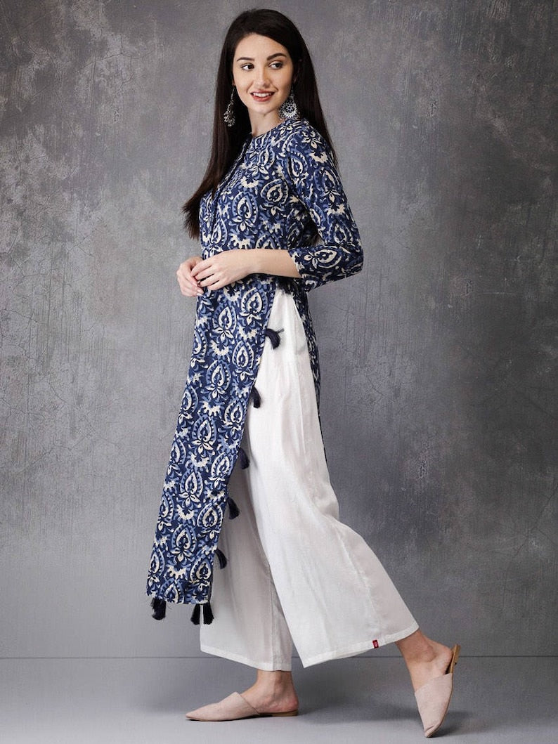 Cotton authentic Kurta/Kurta with Tassel Tunic/Long A line Dress/Batik Print/Bollywood/Handmade/Tassel/Bohemian/India/Summer