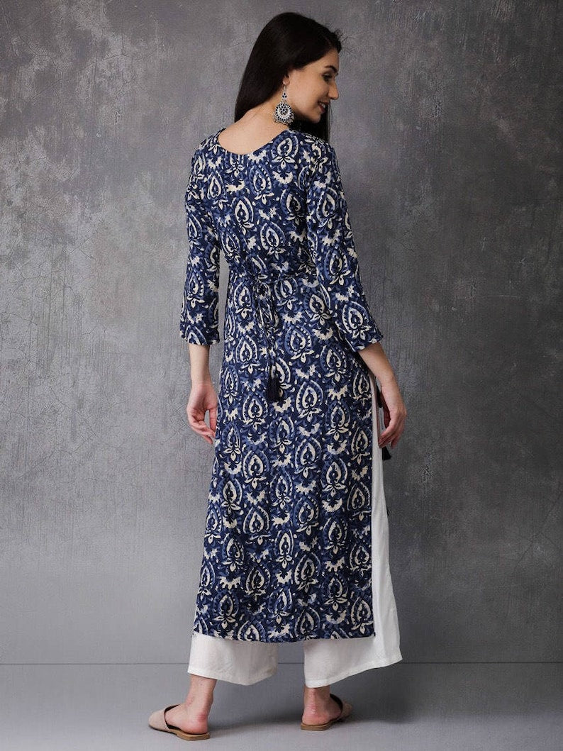 Cotton authentic Kurta/Kurta with Tassel Tunic/Long A line Dress/Batik Print/Bollywood/Handmade/Tassel/Bohemian/India/Summer