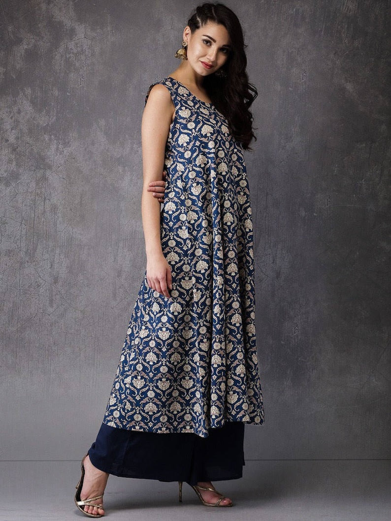 Off-white & blue printed A-line kurta. Dabu- Printed Indigo-Dyed Cotton Kurtas- Tunic- Ethnic.