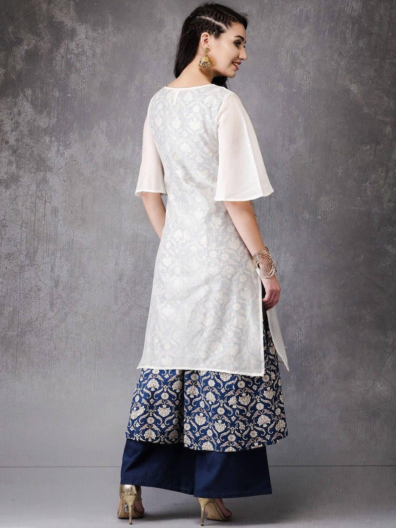 Off-white & blue printed A-line kurta. Dabu- Printed Indigo-Dyed Cotton Kurtas- Tunic- Ethnic.