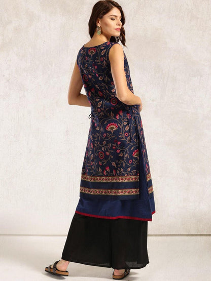 Navy blue printed A-line layered kurta.