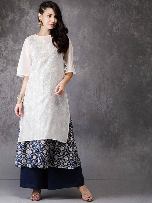 Off-white & blue printed A-line kurta. Dabu- Printed Indigo-Dyed Cotton Kurtas- Tunic- Ethnic.