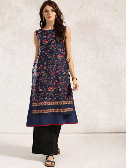 Navy blue printed A-line layered kurta.