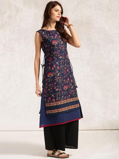 Navy blue printed A-line layered kurta.