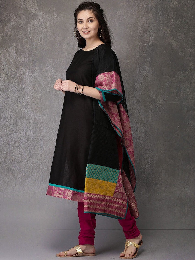 Ethnic Pure Cotton Silk Blend Kurta with Churidar Dupatta Set/ Tunic/ India/ Block Print/