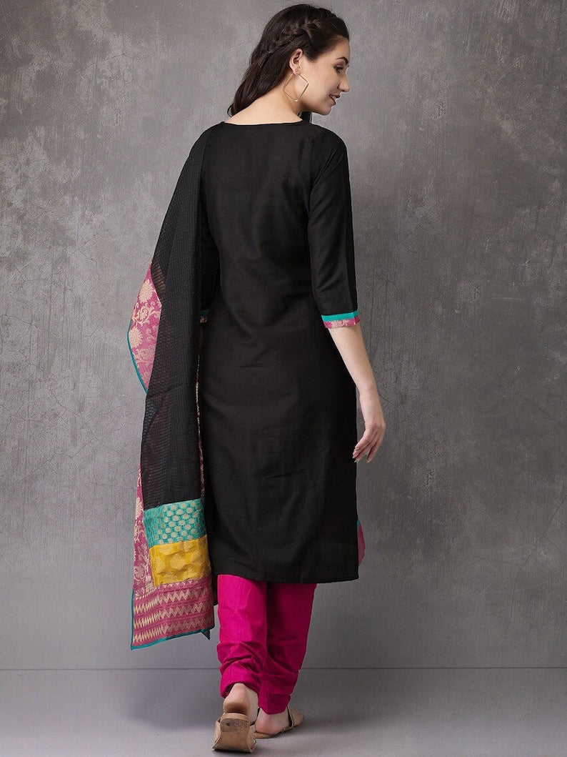 Ethnic Pure Cotton Silk Blend Kurta with Churidar Dupatta Set/ Tunic/ India/ Block Print/