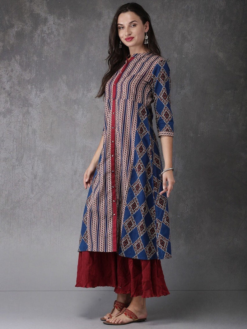 Ethnic cotton kurta with batik print / block print/Bollywood /Handmade/ Boho Style/ Traditional/ India/ Dabu Print/