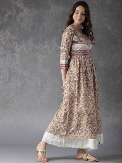 Long Tunic Dress/Ethnic/ Organic Cotton Silk Blend Kurta / Long Dress/Embroidered Thread Work/Floral Block Print / Bollywood/Ethical Fashion