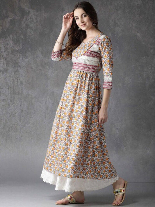 Long Tunic Dress/Ethnic/ Organic Cotton Silk Blend Kurta / Long Dress/Embroidered Thread Work/Floral Block Print / Bollywood/Ethical Fashion