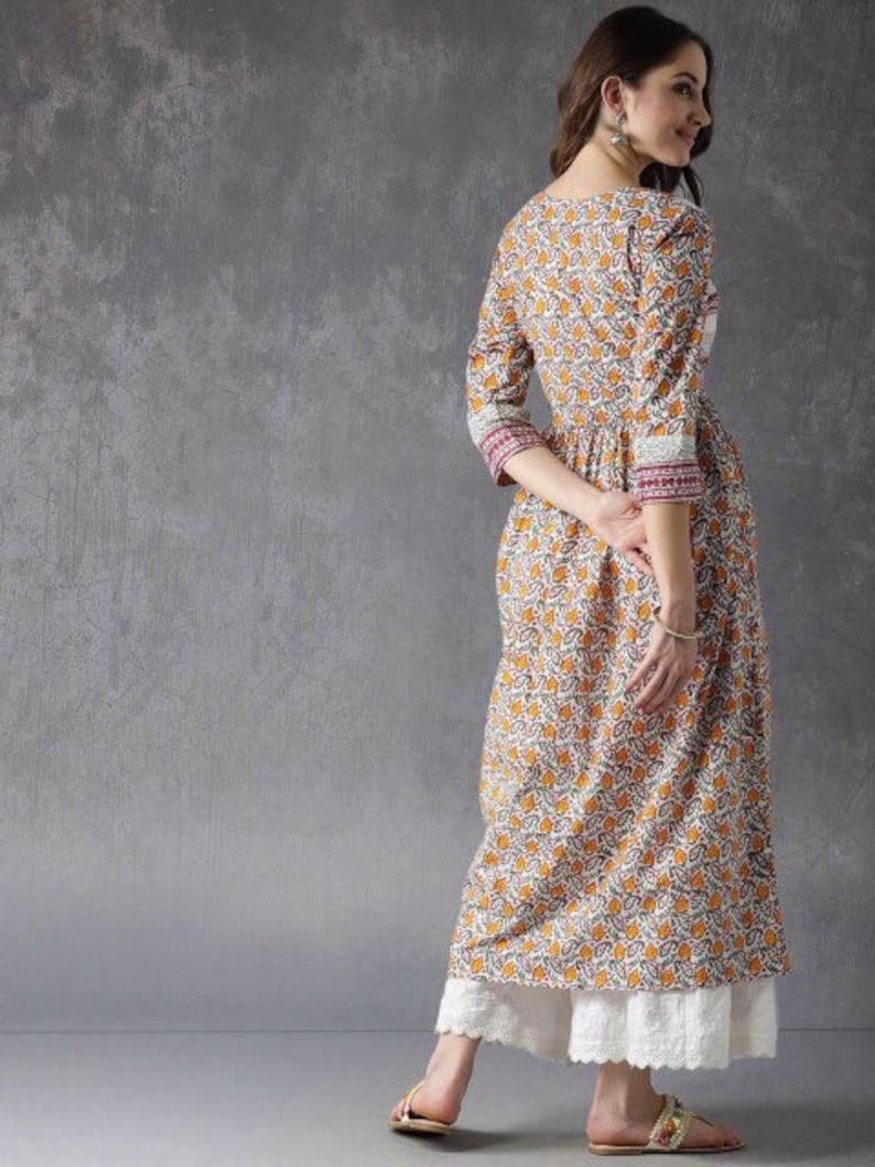 Long Tunic Dress/Ethnic/ Organic Cotton Silk Blend Kurta / Long Dress/Embroidered Thread Work/Floral Block Print / Bollywood/Ethical Fashion