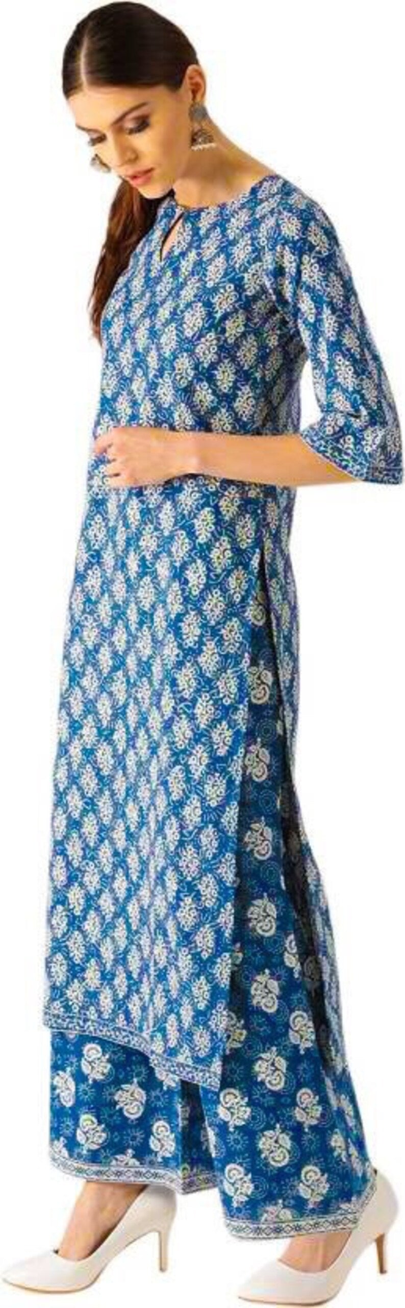 Ethnic cotton silk Blend kurta Palazzo set/Block Print/ Thread Work/Block Print / Bollywood / Long Tunic/ Summer Wear/ Bollywood/Batik Print