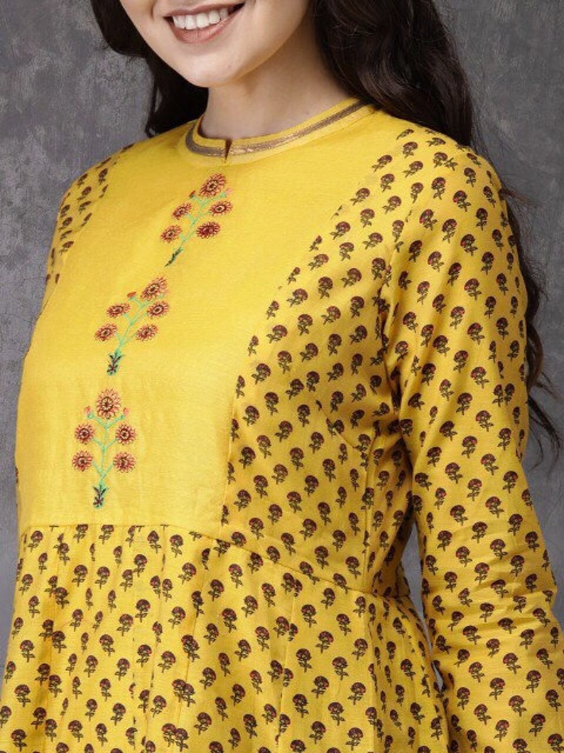 Ethnic cotton silk Blend kurta / Embroidered/ Thread Work/Block Print / Bollywood / Long Tunic/ Summer Wear/ Bollywood/Batik Print/ Handmade